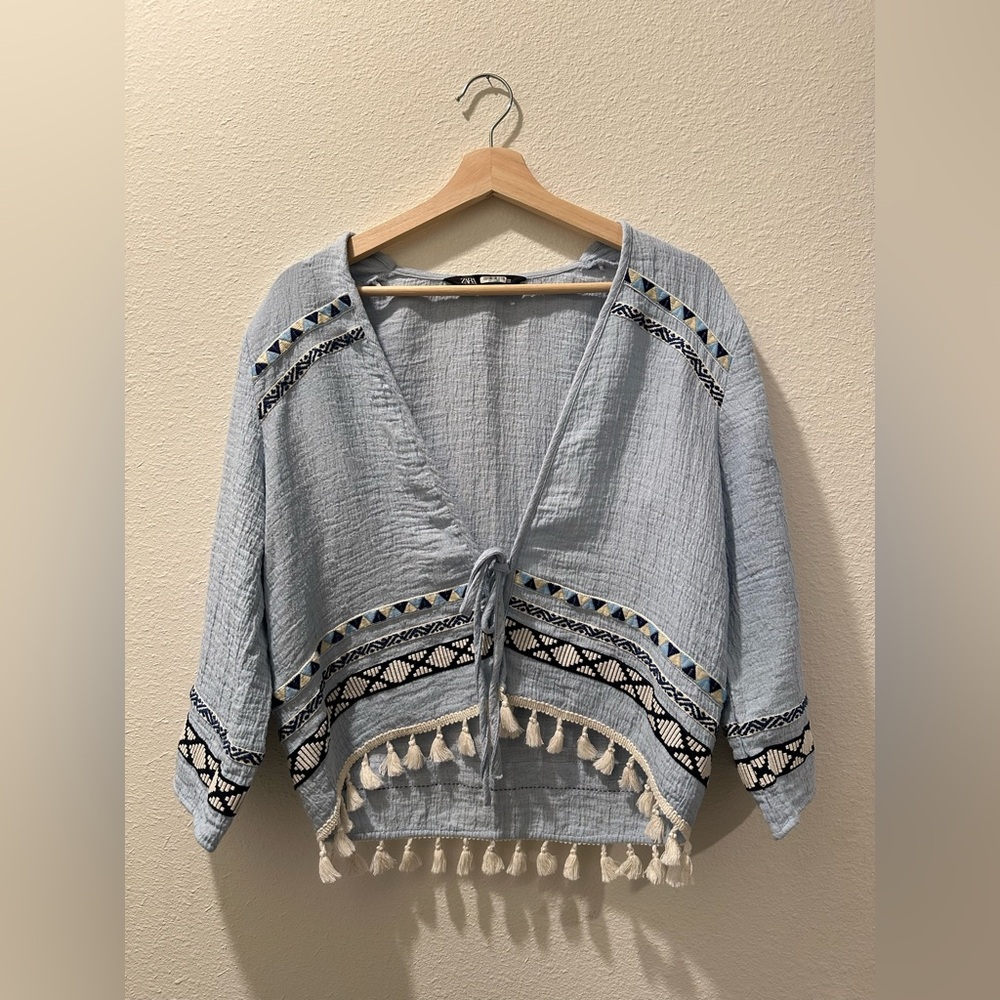 Zara Blue Textured Fringe Tie Front Cardigan